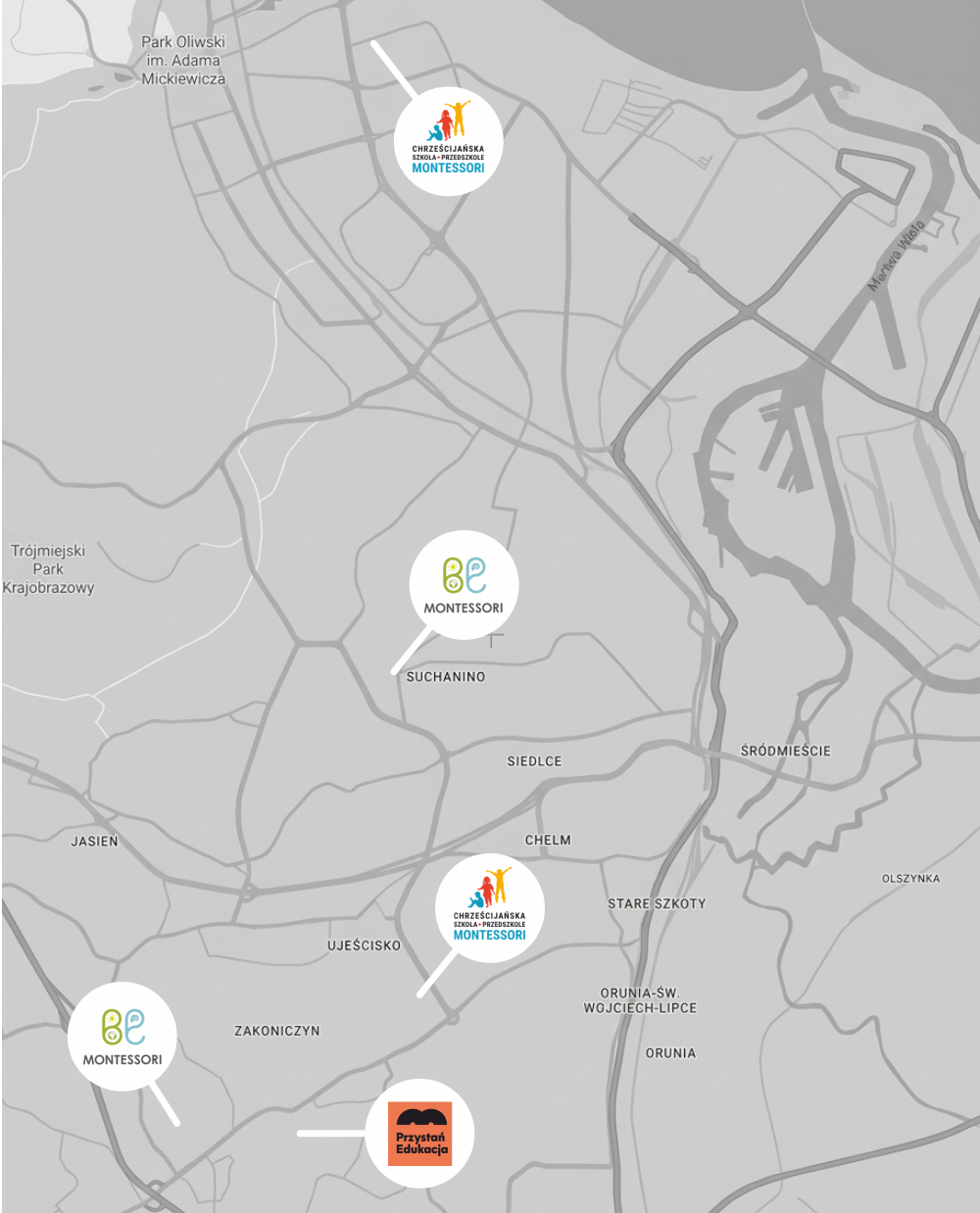 Mapa placówek Montessori w Gdańsku – Oliwa, Kowale, Ujeścisko, Chełm